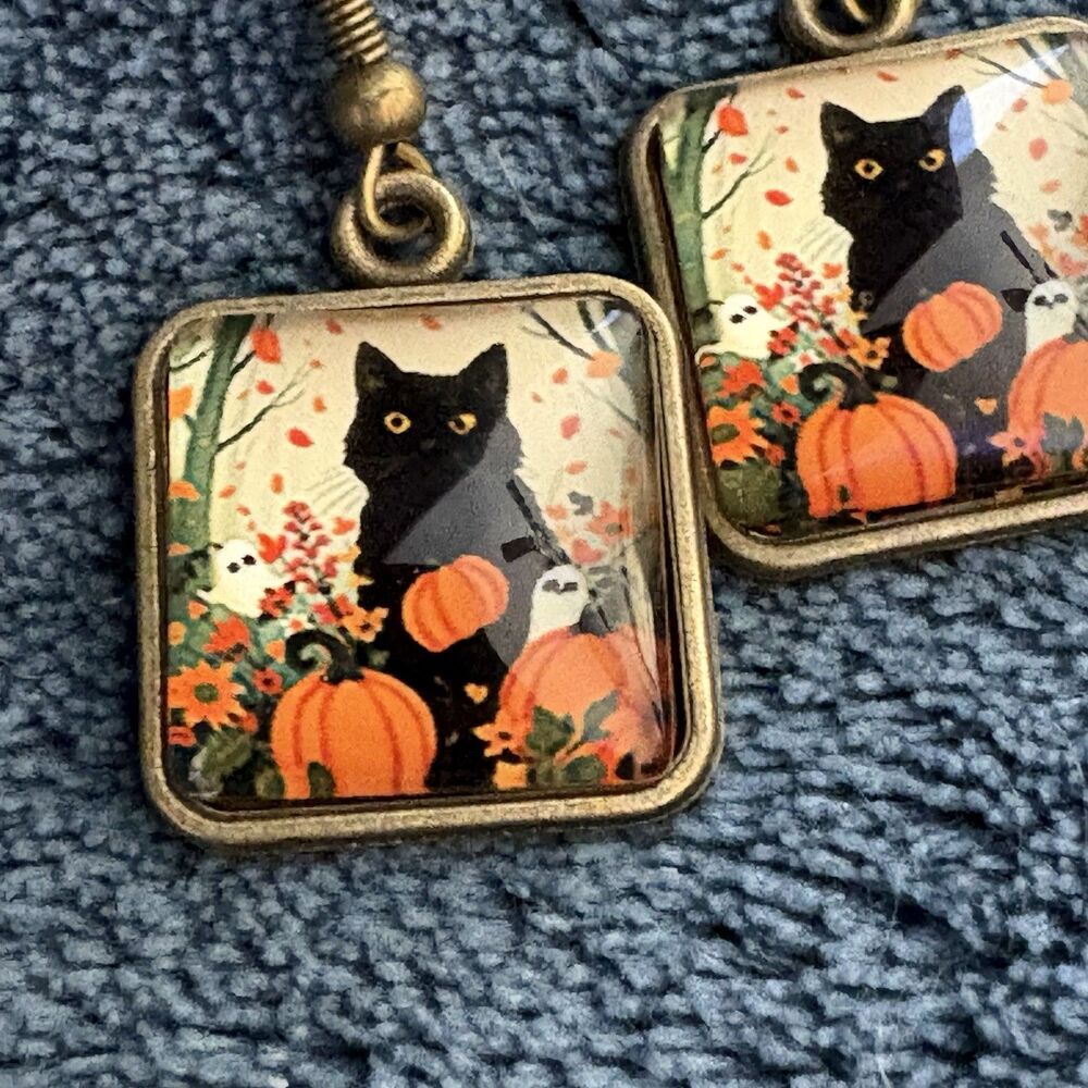 New Pumpkin Black Cat Halloween Earrings Bronze Tone Square Dangle